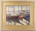 In The Harbor 1917 Signed American School Oil
