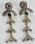 080141 GOLD SILVER DIAMOND  EMERALD EARRINGS