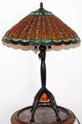 071153 AMBER GLASS  PATINATED METAL TABLE LAMP