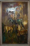 062126 DON RUFFIN OIL ON WOOD PANEL SIX HORSES