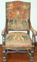 092303 CAROLINGIAN STYLE OAK  UPHOLSTERED ARMCHAIR