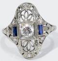 091303 WHITE GOLD FILIGREE DIAMOND  SAPPHIRE RING