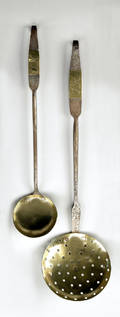 Pennsylvania wrought iron and brass ladle and skimmer early 19th c