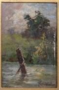 061354 FRANK WALLER OIL ON BOARD POST IN RIVER