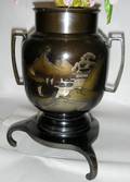 082270 JAPANESE BRONZE INLAID WSILVER URN ON FEET