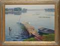 092390 A JONKER OIL ON CANVAS LAKE SCENE W BOATS