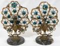 062367 BRASS MARBLE AND BEADED GLASS PEACOCKS PAIR