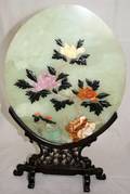 080446 CHINESE HARD STONE TABLE SCREEN  TEAK STAND