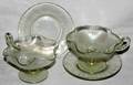 102444 IRIDESCENT GLASS CUPS  SAUCERS UNSIGNED
