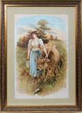 080476 FRAMED PRINT C1940 MAIDEN WITH MILKING COW