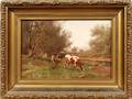 092502 OIL ON CANVAS COWS IN TREE LINED FIELD