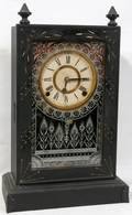 100427 WOOD MANTEL CLOCK WITH FINIALS C1880 H 17