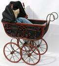 090511 AMISH WOOD METAL LEATHER DOLL BUGGY  DOLL