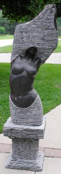 091032 BLACK SLATE SCULPTURE  PEDESTAL FEMALE NUDE