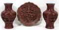 111172 CHINESE ENAMEL  LACQUER CINNABAR VASES PLATE