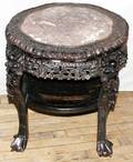 010109 CHINESE TEAKWOOD PEDESTAL WROUGE MARBLE TOP