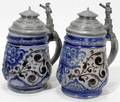 021228 GERMAN STONEWARE  PEWTER STEINS PAIR H65