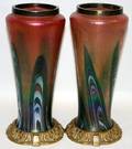 010154 ART GLASS BRONZEBRASS VASES SIGNED CHARDER