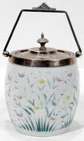 011311 ENGLISH ENAMELED GLASS BISCUIT JAR C1880