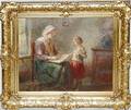 120210 OIL ON CANVAS INTERIOR SCENE WMOTHER  CHILD