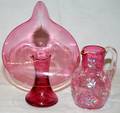 121379 CRANBERRY GLASS VASE  ENAMEL PITCHER C1880