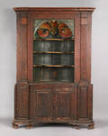 Painted barrel back pine two part corner cupboard probably English mid 18th c