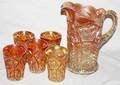 021365 MARIGOLD CARNIVAL GLASS PITCHER  TUMBLERS