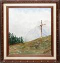 012295 OIL ON CANVAS C1970 CRUCIFIX ON A HILLSIDE