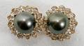 112289 9MM GREEN TAHITIAN PEARL  DIAMOND EARRINGS