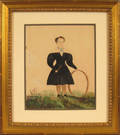 New England watercolor and pencil portrait of a young boy with a hoop ca 1840