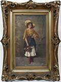 112326 EUROPEAN OIL ON CANVAS PEASANT GIRL WFLOWERS