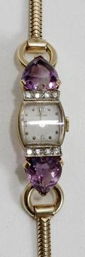 112309 AMETHYST  DIAMOND WRIST WATCH W GOLD BAND