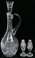 032411 CUT GLASS WINE DECANTER SALT  PEPPER SHAKERS