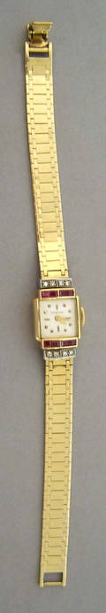 Hamilton 14K gold ladies wristwatch made for Tiffany  Co with diamond and ruby surround