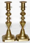 112341 PAIR OF 19TH C BRASS CANDLESTICKS H85