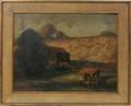032493 AMERICAN SCHOOL OIL ON MASONITE FARM SCENE