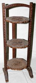 020490 INDIAN CARVED WOOD THREESHELF FOLDING STAND