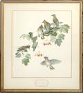 110538 CEDAR WAXWING PRINT OF FIVE BIRDS ON BRANCH