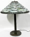 122019 TIFFANY LEADED GLASS BRONZE BASE LILY PAD LAMP