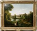 052085 FRENCH OIL ON CANVAS LANDSCAPE WFAMILY DOG