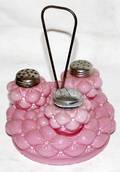 071154 VICTORIAN PINK GLASS CONDIMENT STAND SHAKERS
