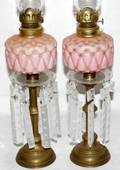 071213 VICTORIAN PINK SATIN GLASS  BRASS PEG LAMPS