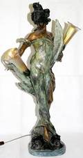 062132 BRONZE OF GIRL W 2 LILY GLASS LAMPS H27