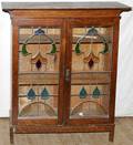 051263 ARTS  CRAFTS OAK CABINET LEADED GLASS DOORS