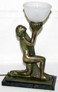 051262 ART DECO SPELTER FIGURAL LAMP WGLASS SHADE