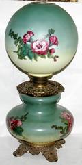 071290 VICTORIAN BRASS BANQUET LAMP WPAINTED GLOBE