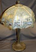 070163 ANTIQUE SLAG GLASS  PLATED METAL TABLE LAMP