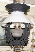 072222 VICTORIAN IRON  MILK GLASS PENDANT OIL LAMP