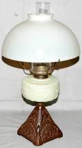 090343 AMERICAN MILK GLASS  METAL OIL LAMP 19TH C