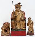 070256 CHINESE CARVED WOOD FIGURES EMPEROR FOO DOG